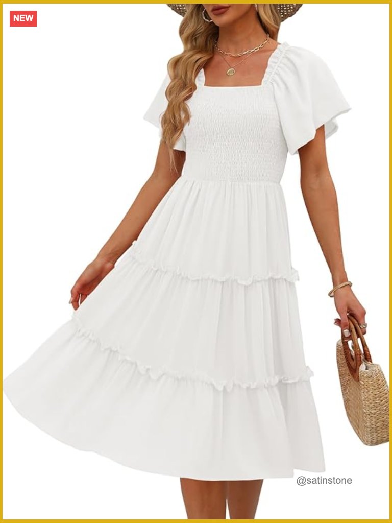 Flutter Sleeve Square Neck Smocked Midi Dress